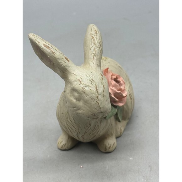 Vintage Style Rabbit Figurine Rose Accent Distressed Cream Finish Easter decor - Picture 2 of 6